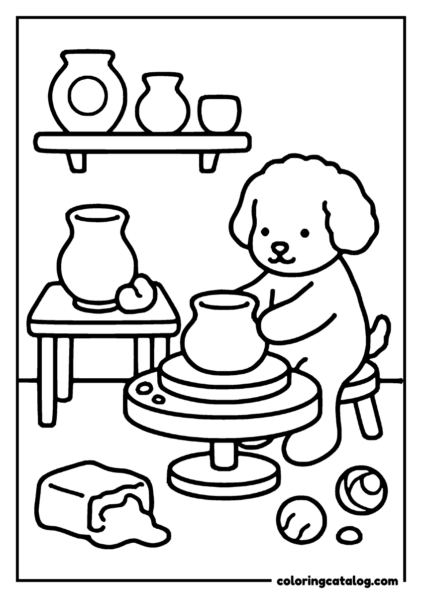 Free Cozy coloring sheet: A puppy is making a clay pot on a pottery wheel, surrounded by pottery tools and finished pots