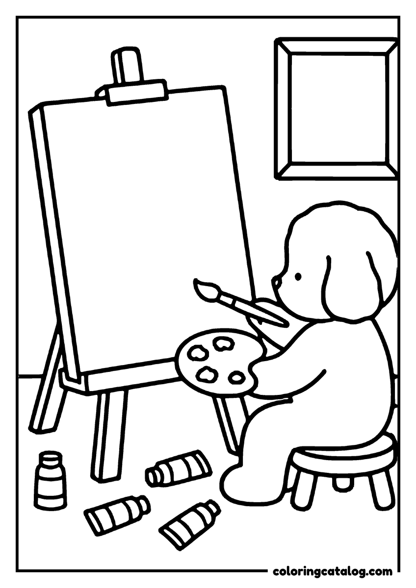 Free Cozy coloring sheet: A puppy is painting on an easel with a brush, surrounded by paint bottles and a blank canvas
