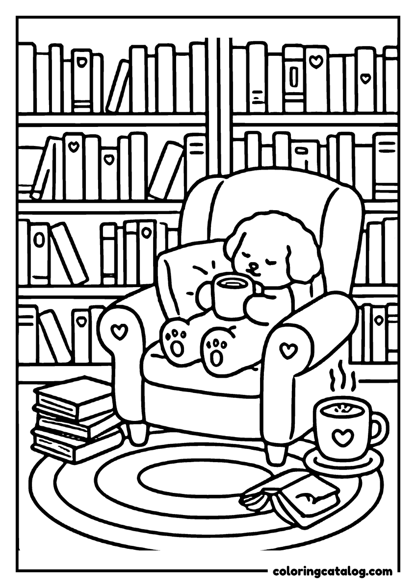 Printable coloring page: A puppy is relaxing in a cozy armchair, sipping a steaming cup of coffee, surrounded by a bookshelf filled with books and a stack of books on the floor