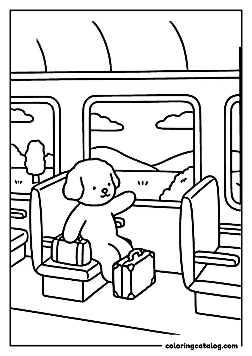 Cozy coloring page: A puppy sits on a train, looking out the window with a suitcase beside it