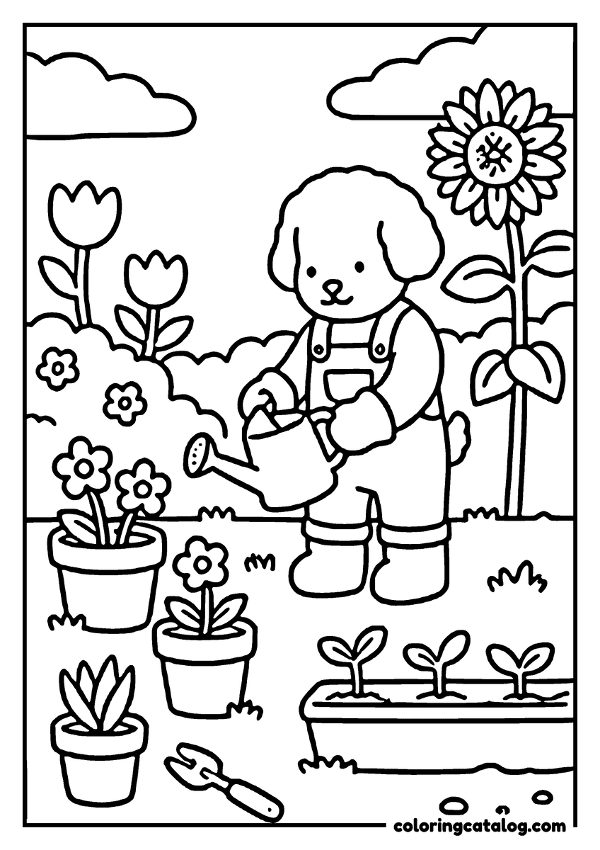 Printable Cozy coloring page: A puppy wearing overalls is watering flowers in a garden with a sunflower and potted plants