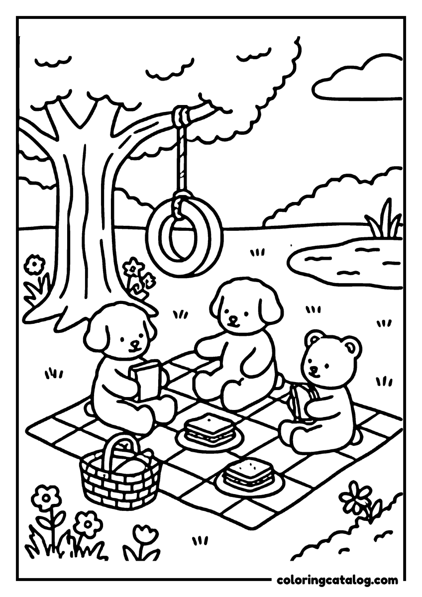 Cozy coloring page: Three cute animals are having a picnic in a park with a tree, flowers, and a swing