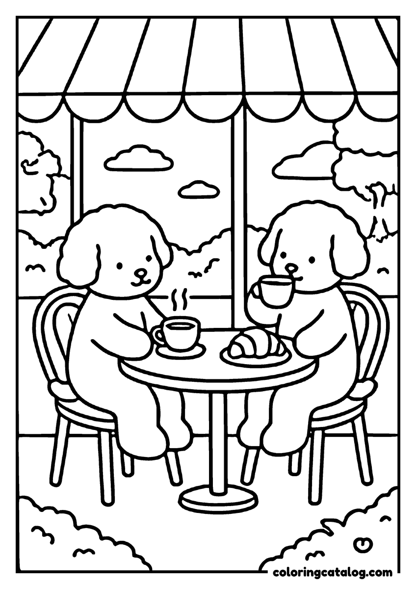 Printable coloring page: Two cute puppies are sitting at a table, enjoying coffee and pastries in a cozy outdoor cafe