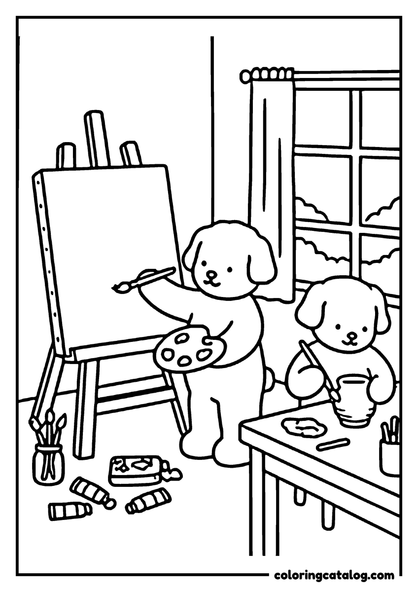 Free printable coloring sheet: Two puppies are painting in a cozy room with an easel, paint tubes, and a window with a view