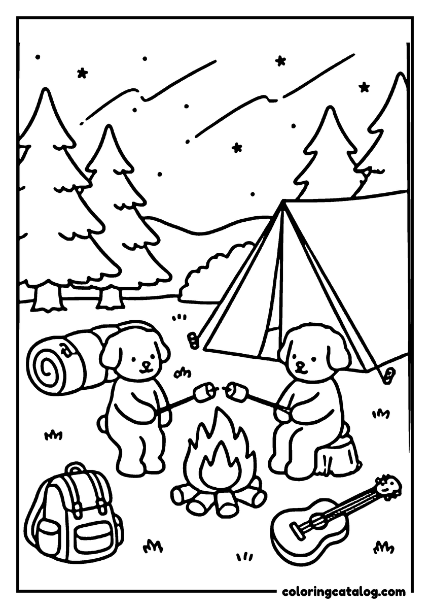 Cozy coloring page: Two puppies are roasting marshmallows over a campfire in a snowy forest