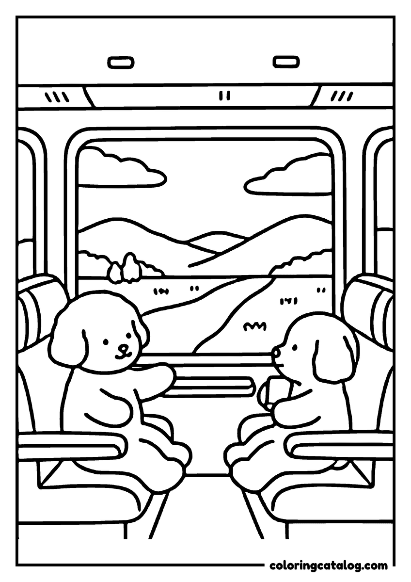 Free Cozy coloring sheet: Two puppies sit in a train, looking out the window at rolling hills and clouds