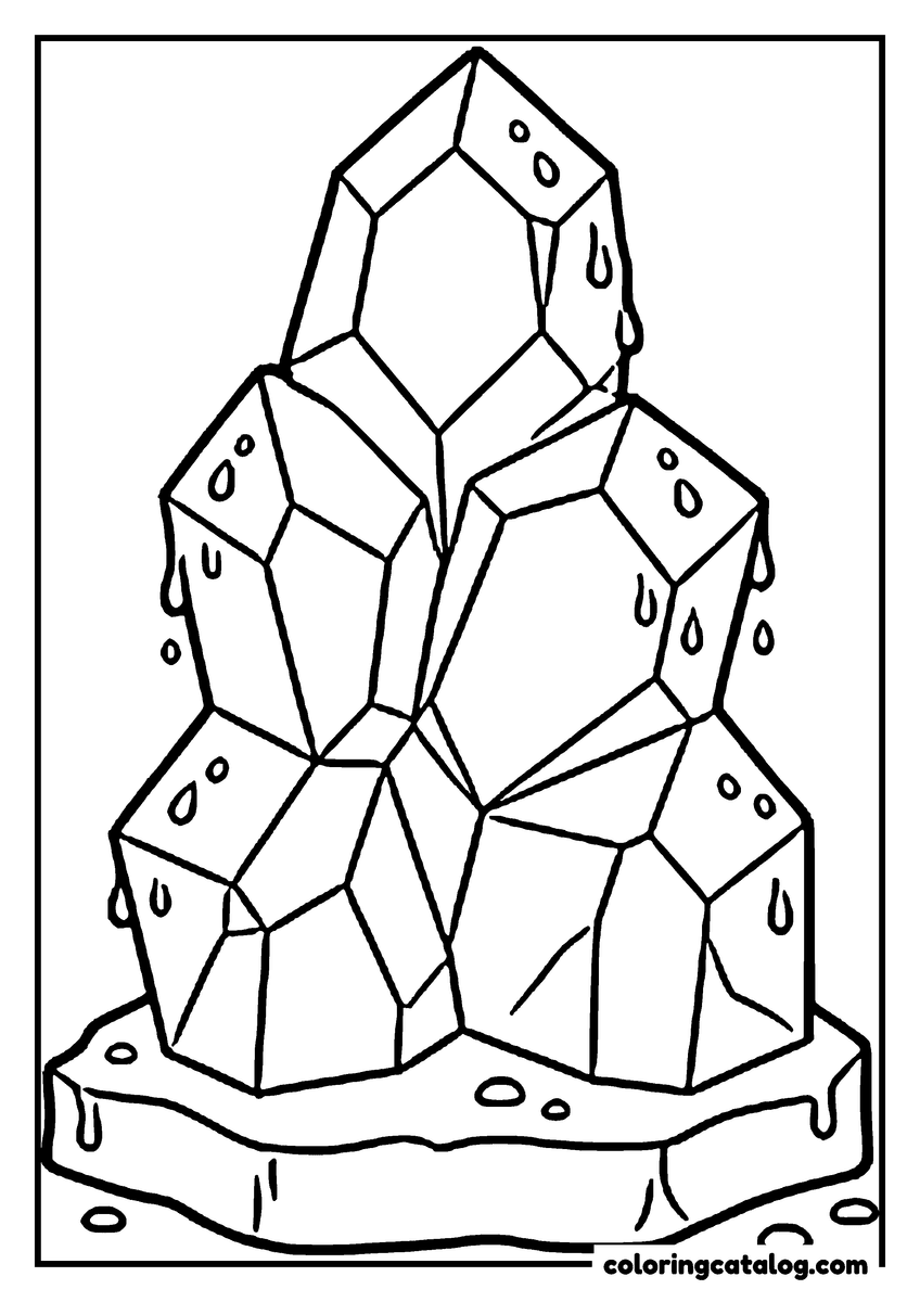 Diamond coloring page: A tall faceted crystal formation glistening with drops on a stone base