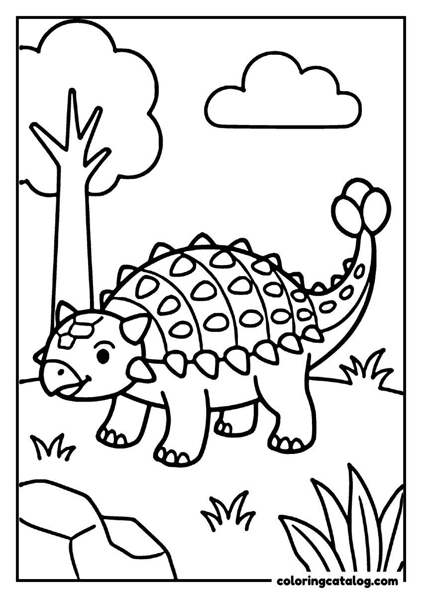 Free printable coloring sheet: A cute ankylosaurus dinosaur is walking in a grassy field with a tree and a cloud in the sky