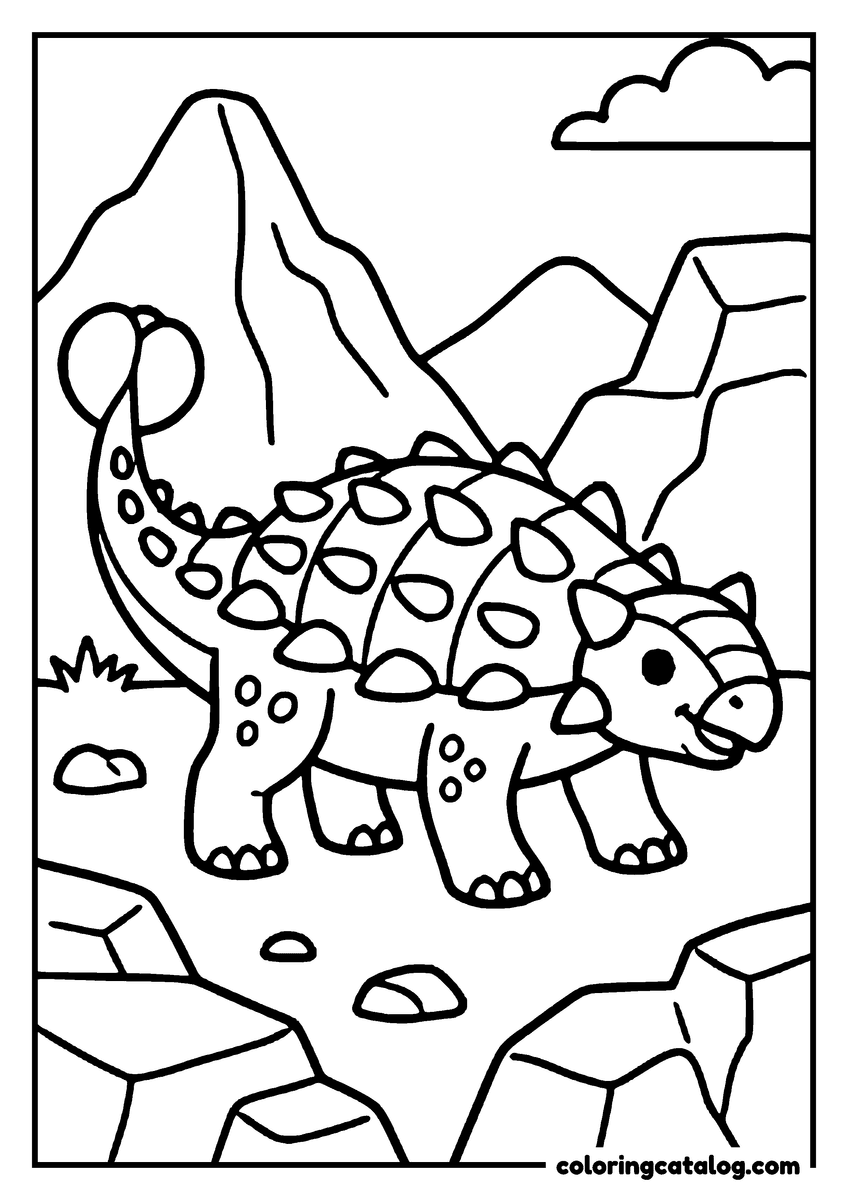 Free printable coloring sheet: A cute ankylosaurus dinosaur is walking on rocks in a prehistoric landscape