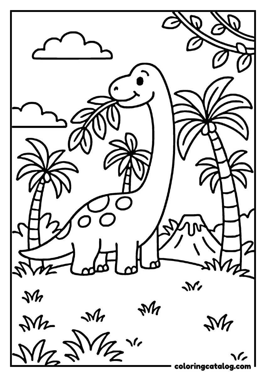 Coloring page: A cute dinosaur is eating a leaf, surrounded by palm trees and a volcano
