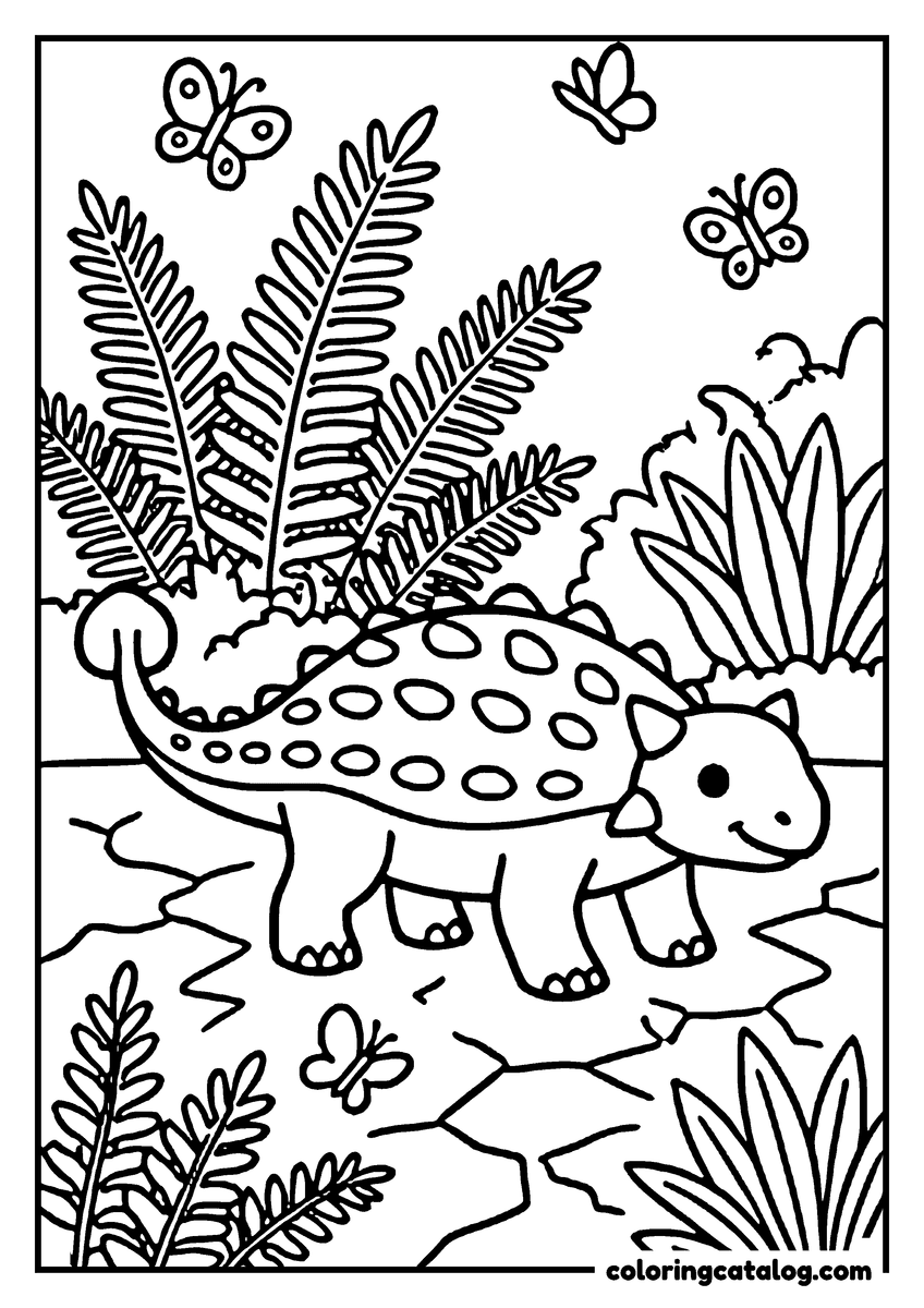 Coloring page: A cute dinosaur is walking through a lush jungle, surrounded by ferns and butterflies