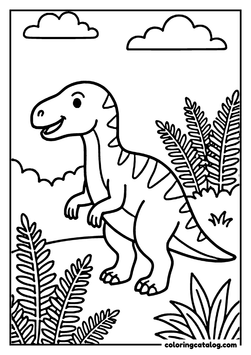 Free printable coloring sheet: A cute dinosaur with a friendly expression is walking through a lush, prehistoric jungle filled with ferns and leaves