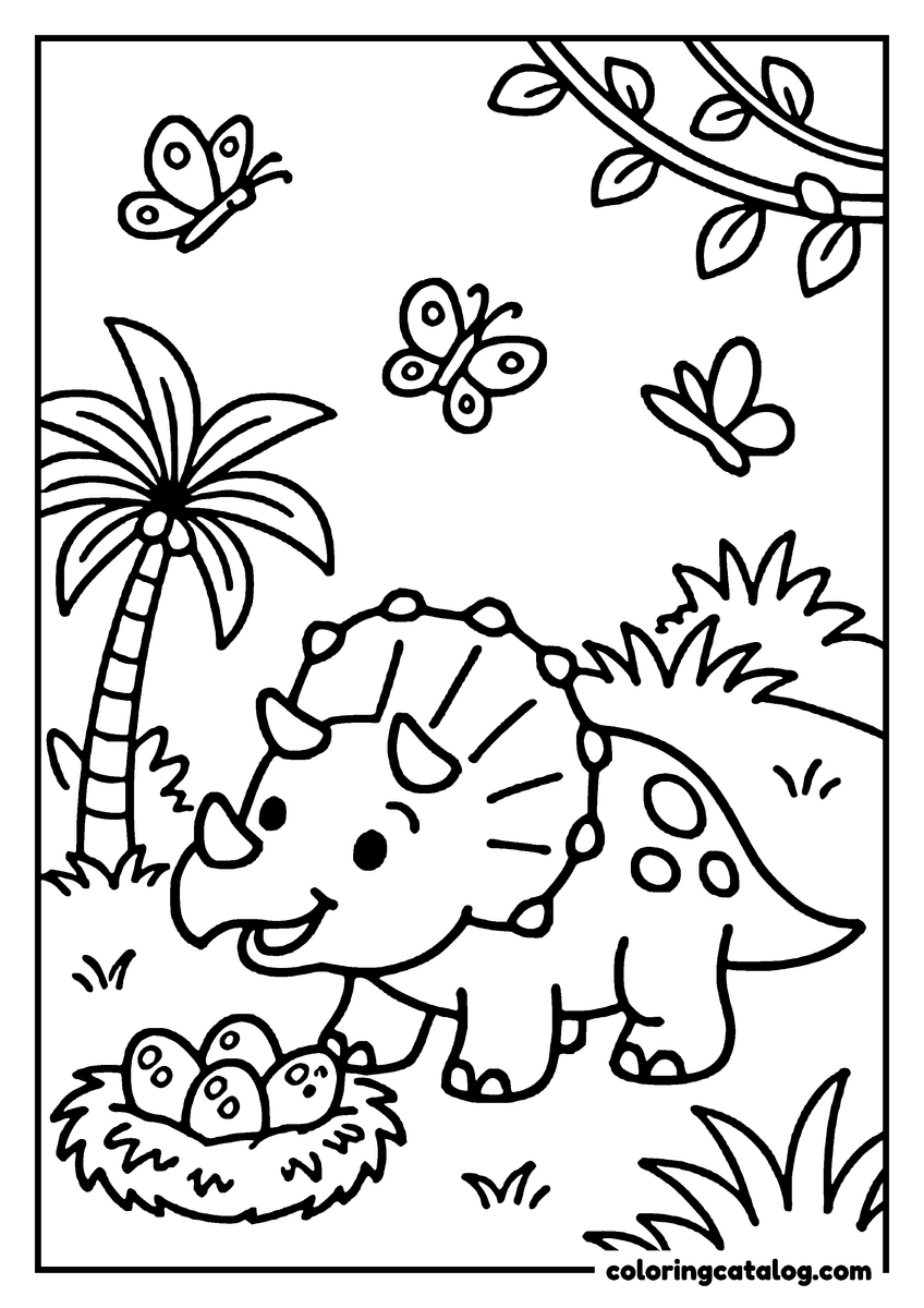 Printable coloring page: A cute dinosaur with a nest of eggs and butterflies in a jungle setting