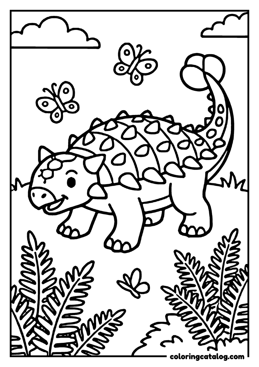 Printable coloring page: A cute dinosaur with a spotted back and a smiling face is walking through a jungle filled with ferns and butterflies