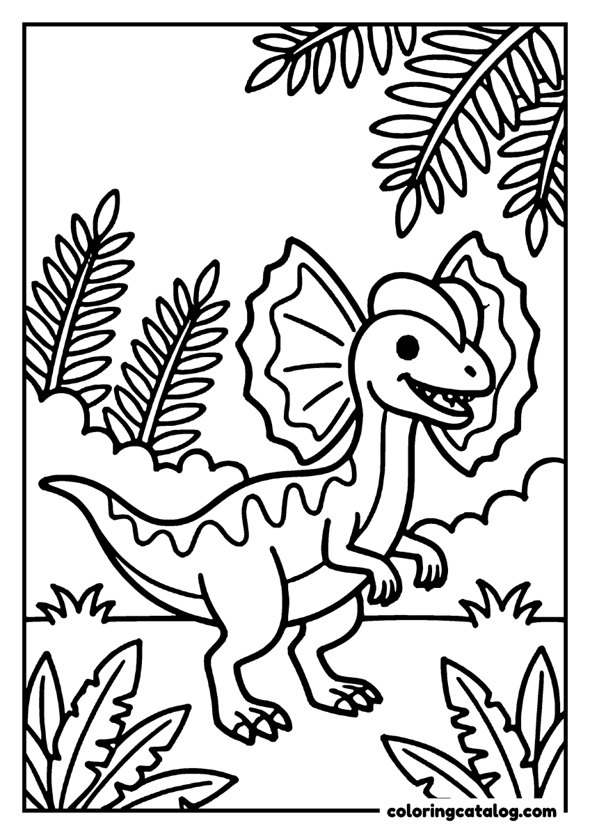 Coloring page: A cute dinosaur with wings is standing in a jungle, surrounded by leaves and ferns