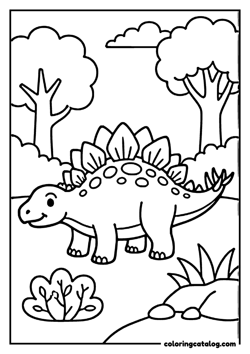 Printable coloring page: A cute Stegosaurus dinosaur is standing in a forest with trees and rocks