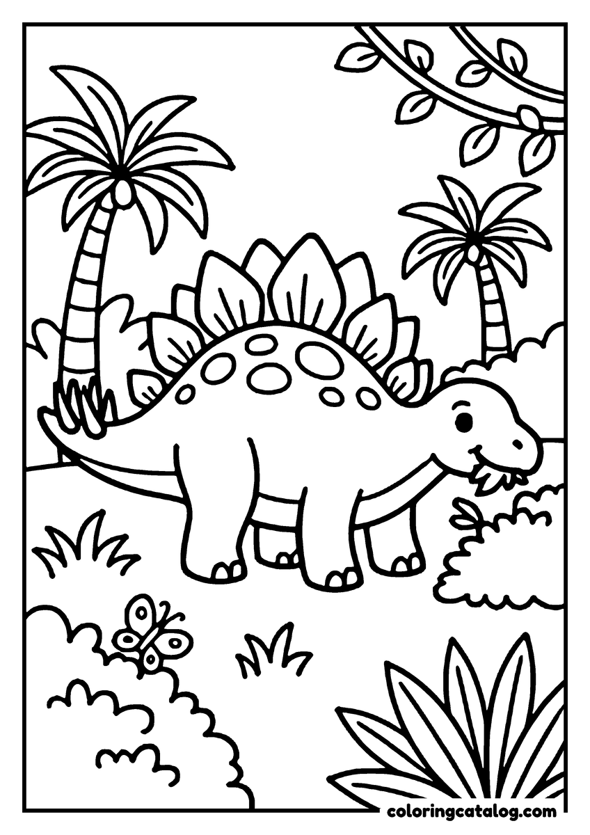 Free printable coloring sheet: A cute Stegosaurus dinosaur is standing in a lush jungle, surrounded by palm trees and foliage