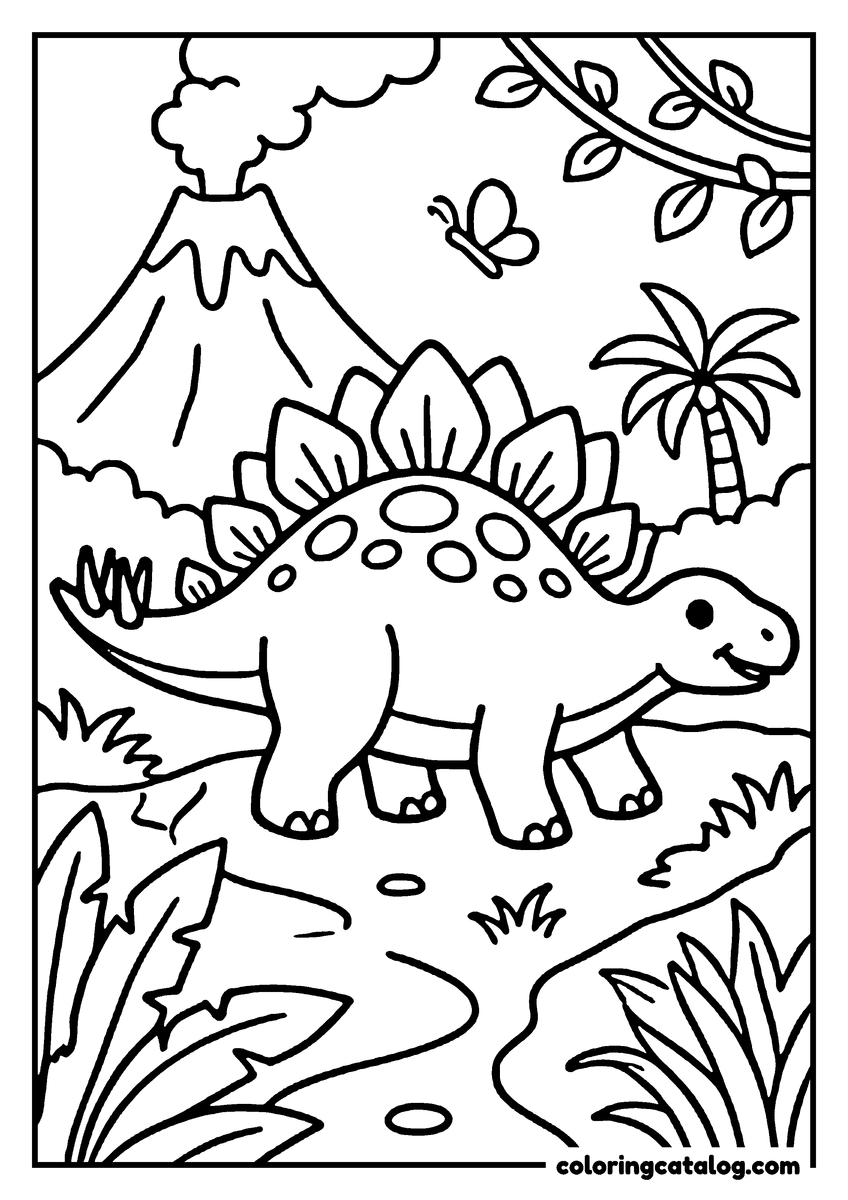 Coloring page: A cute stegosaurus dinosaur is walking in a lush jungle with a volcano in the background