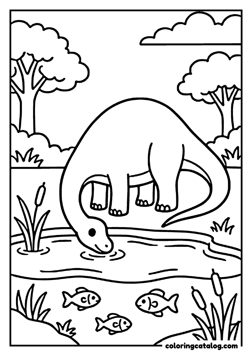 Free printable coloring sheet: A dinosaur drinks water from a pond, surrounded by trees and small fish