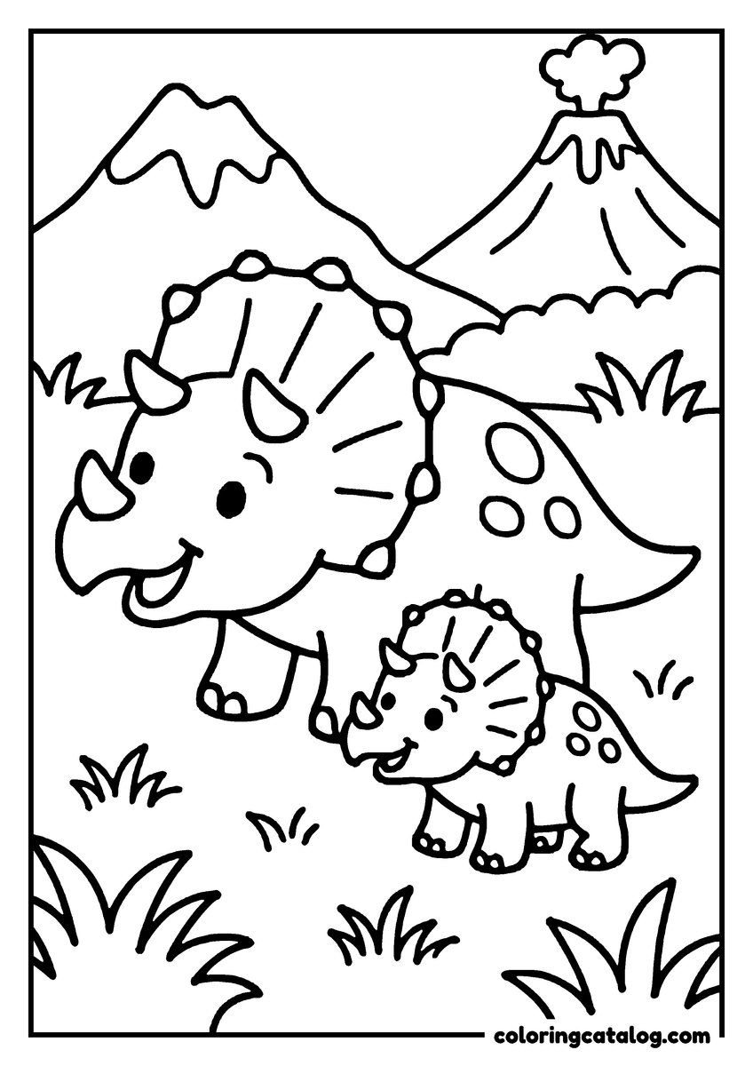 Coloring page: A dinosaur family is walking through a lush, grassy landscape with a volcano in the background