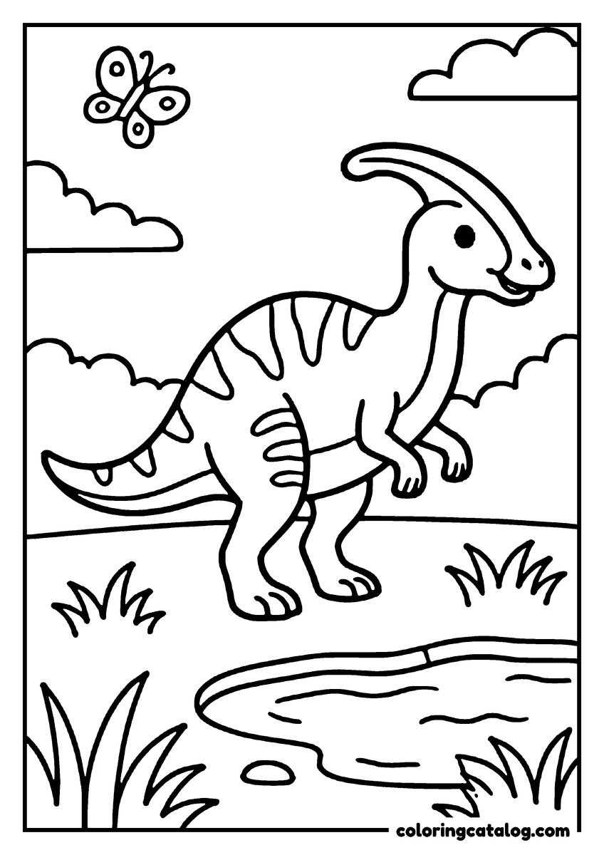 Coloring page: A dinosaur with a long neck and striped body is walking near a small pond, with a butterfly flying above