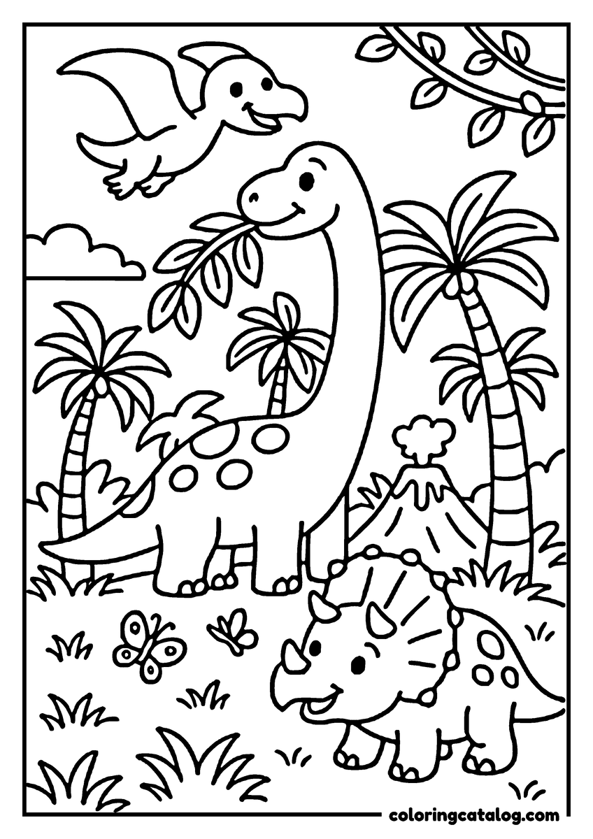 Coloring page: A dinosaur with a long neck is eating leaves from a tree in a jungle setting