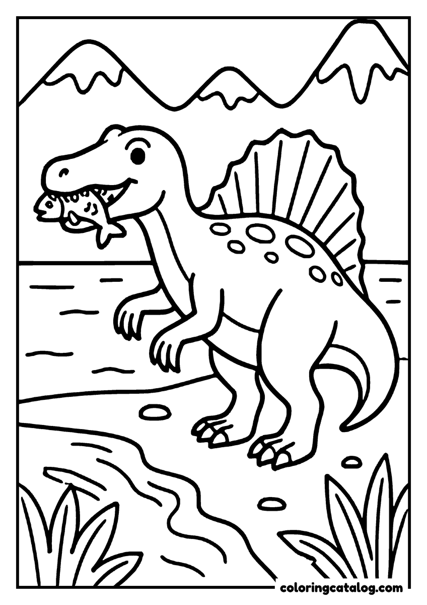 Coloring page: A dinosaur with a spiky back is eating a fish by a river with mountains in the background