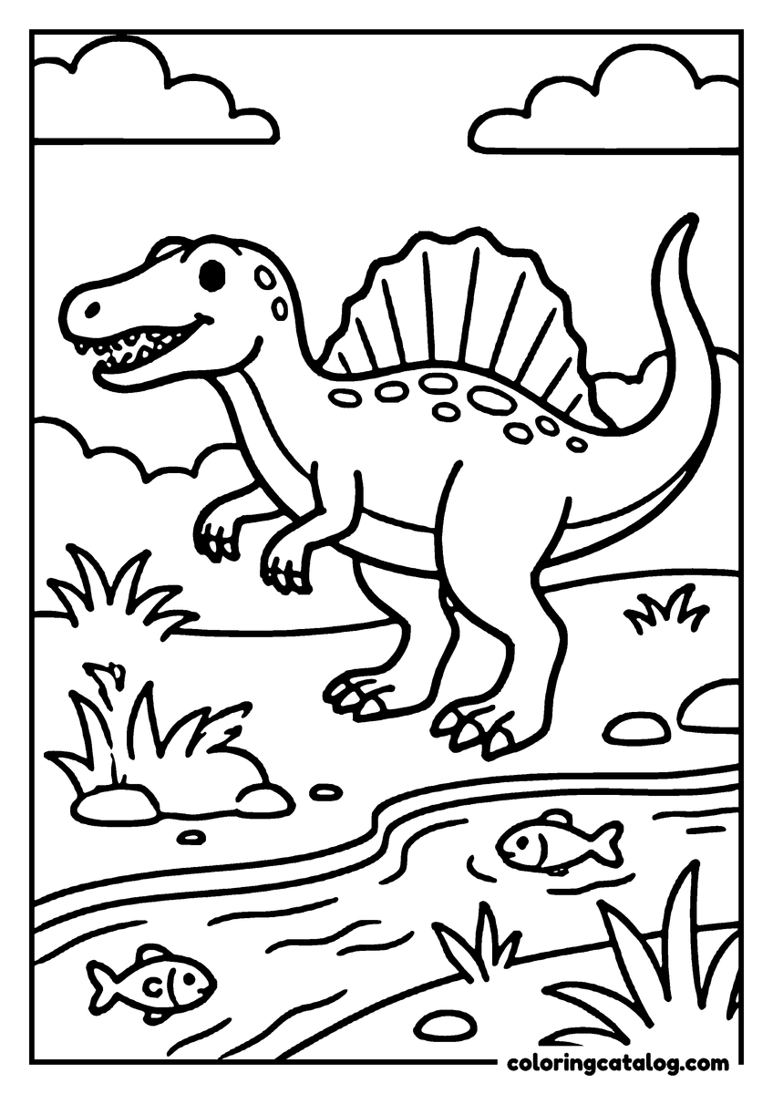 Free printable coloring sheet: A dinosaur with a spiny back is standing by a pond, with fish swimming and grass growing nearby