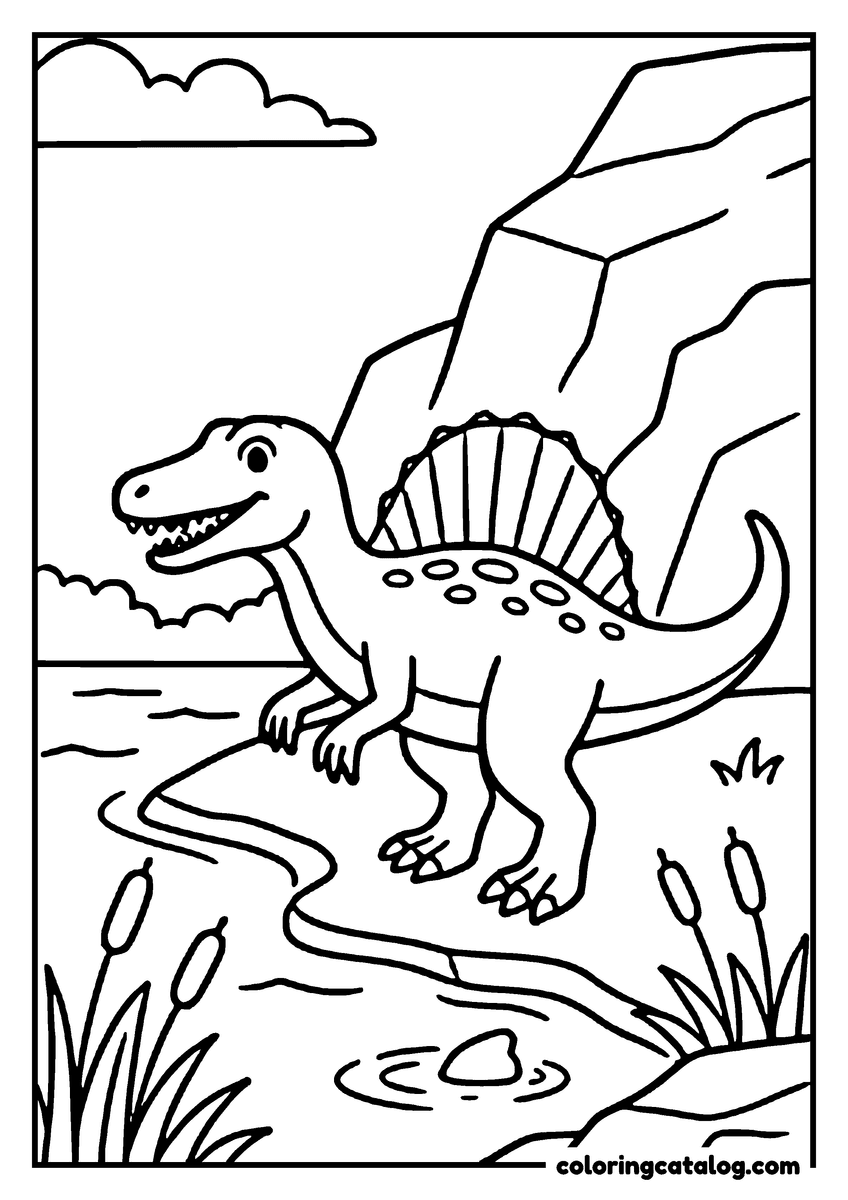Printable coloring page: A dinosaur with a spiny back is standing by a river, surrounded by cattails and rocks