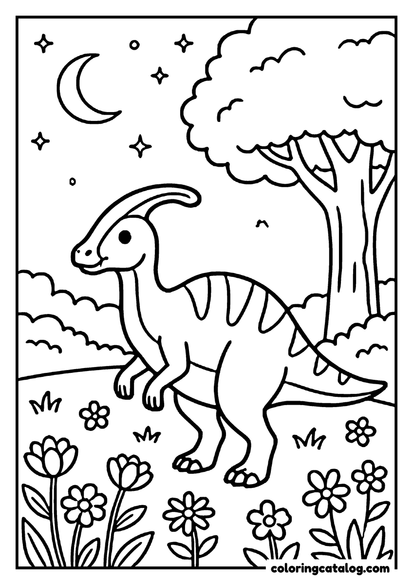 Coloring page: A dinosaur with a striped back is standing in a garden with flowers and a tree under a starry sky