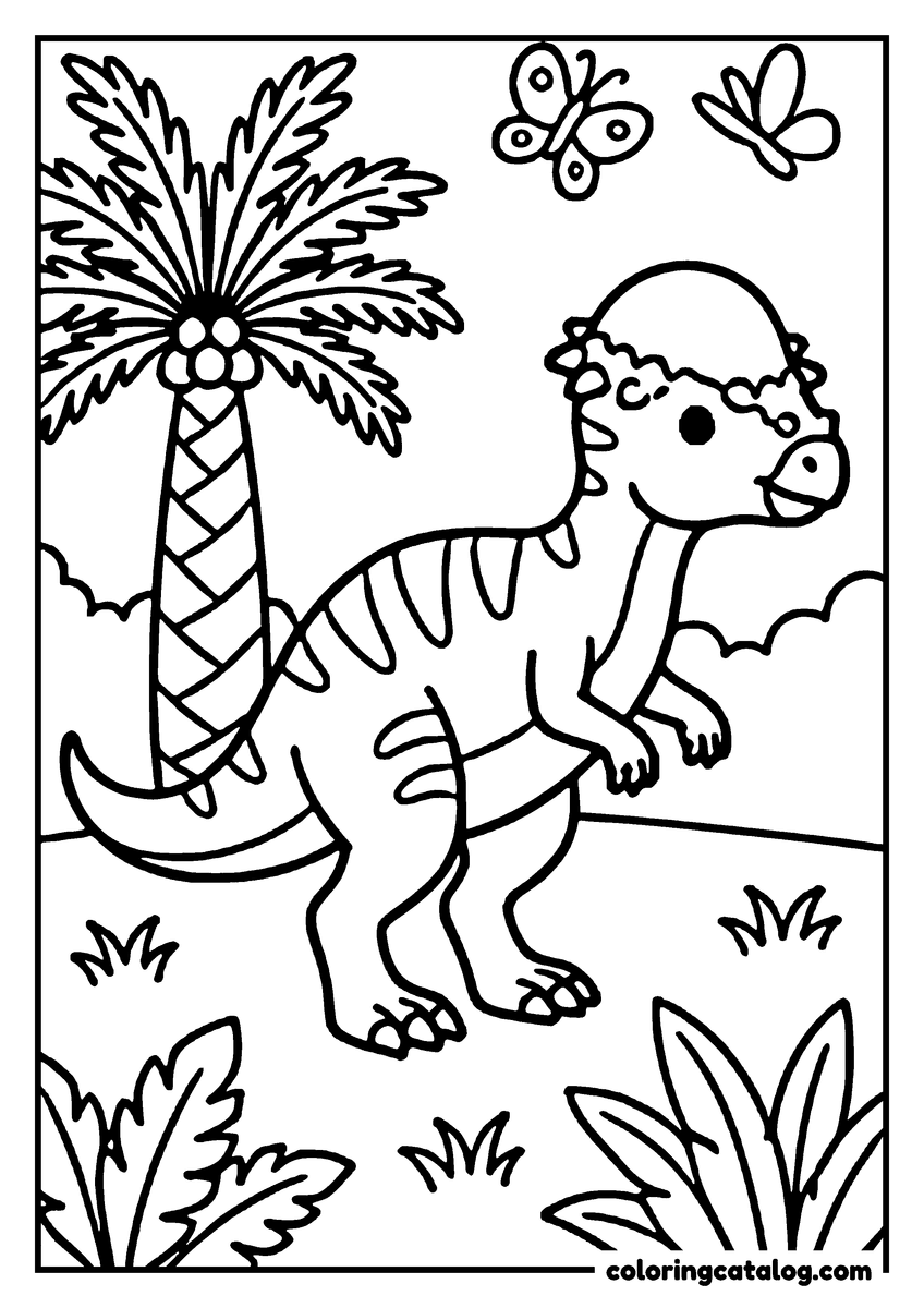 Printable coloring page: A dinosaur with a striped tail and a flower crown stands in a jungle, surrounded by palm trees, grass, and butterflies