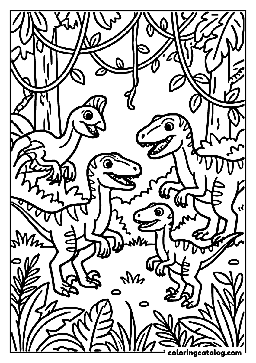 Free printable coloring sheet: Two dinosaurs standing among broad jungle leaves and tall trees