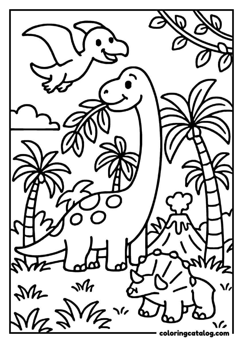 Coloring page: Dinosaurs in a jungle with palm trees, a volcano, and a flying pterodactyl