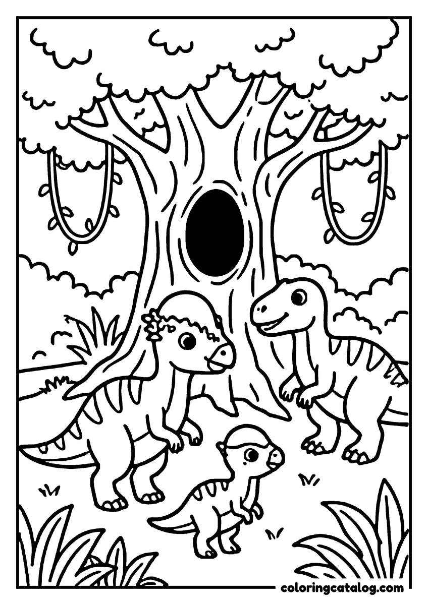 Free printable coloring sheet: Dinosaurs stand near a tree with a large hole, surrounded by grass and leaves