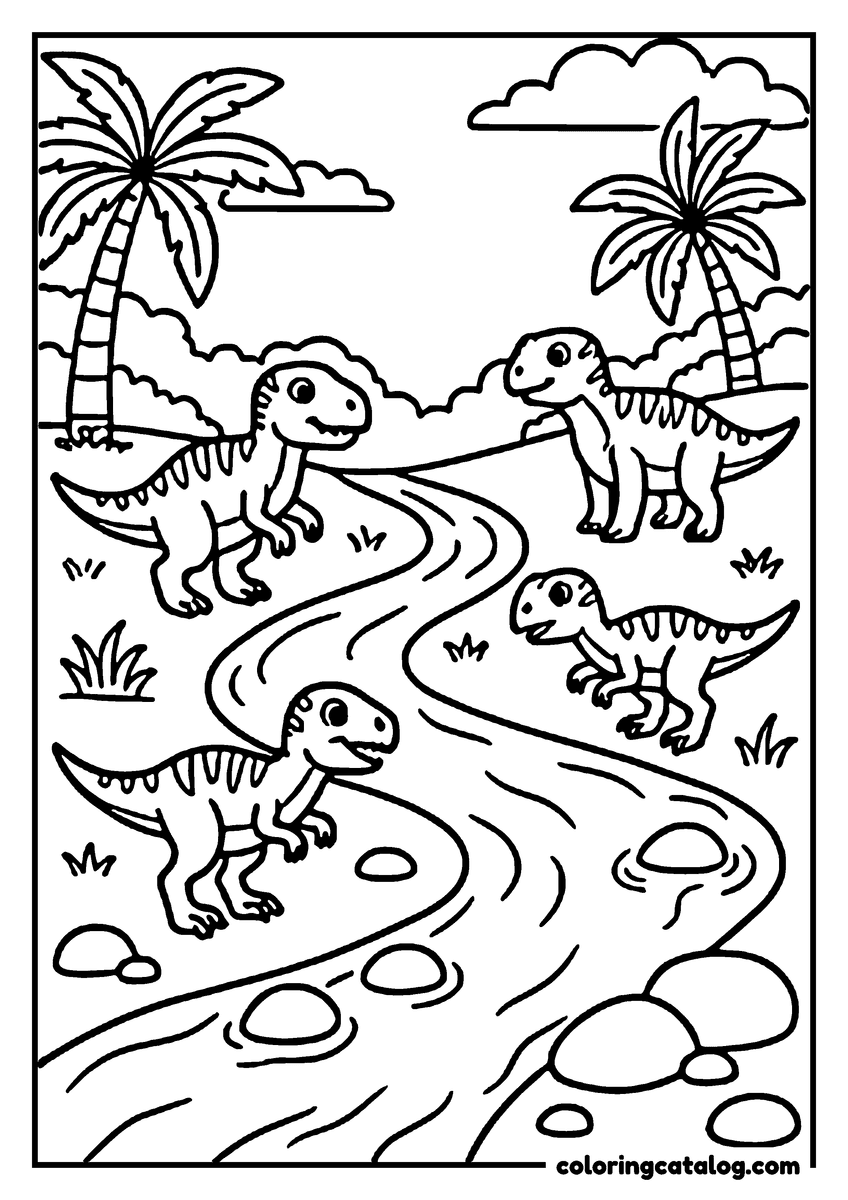 Coloring page: Dinosaurs walk along a river, surrounded by palm trees and rocks