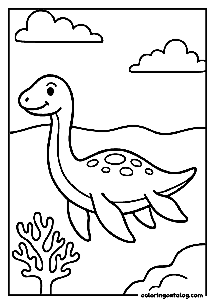 Coloring page: A friendly dinosaur is walking through a prehistoric landscape with clouds and trees