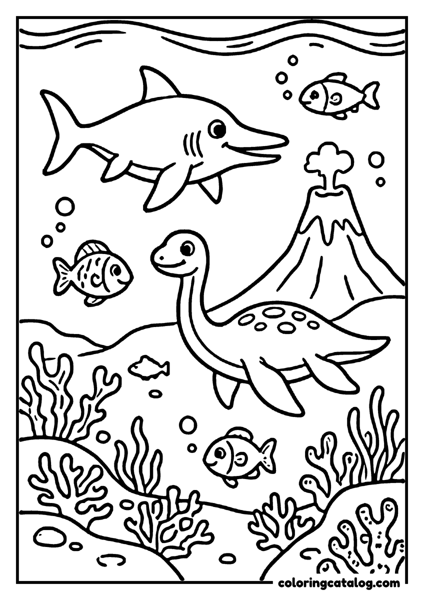 Printable coloring page: A friendly dinosaur swims near a coral reef, with a small volcano in the background and several fish around