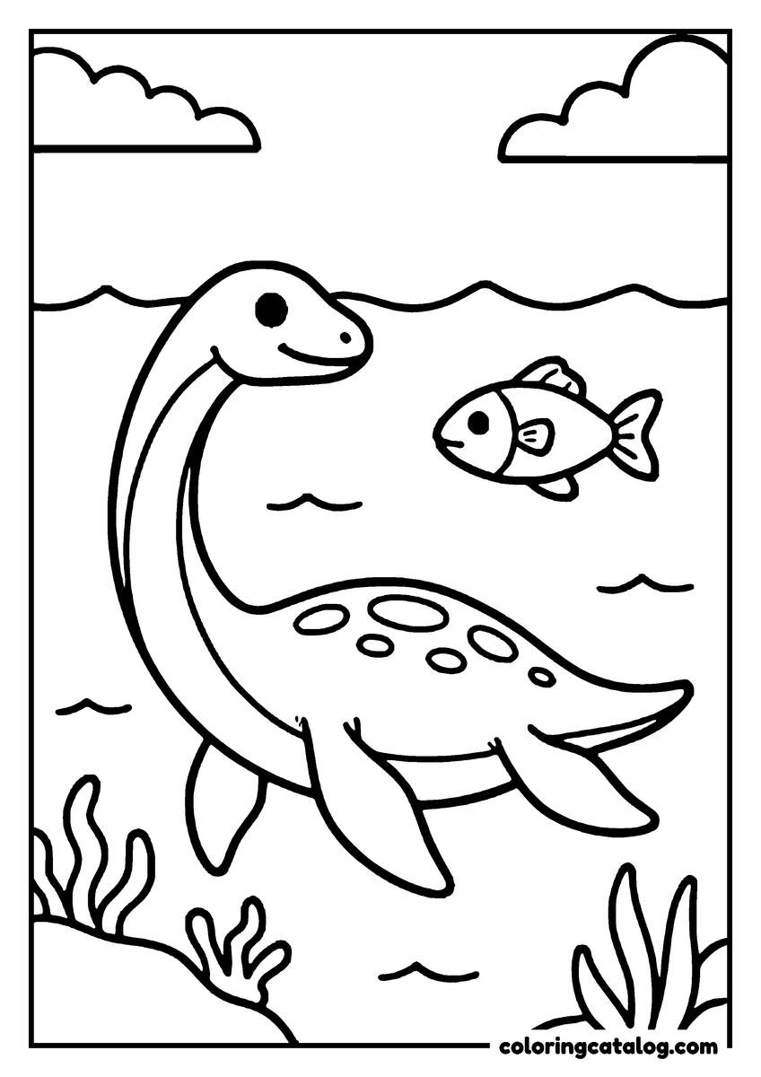 Dinosaur coloring page: A friendly plesiosaur with a spotted back and a long neck swims past a small fish in a calm prehistoric sea