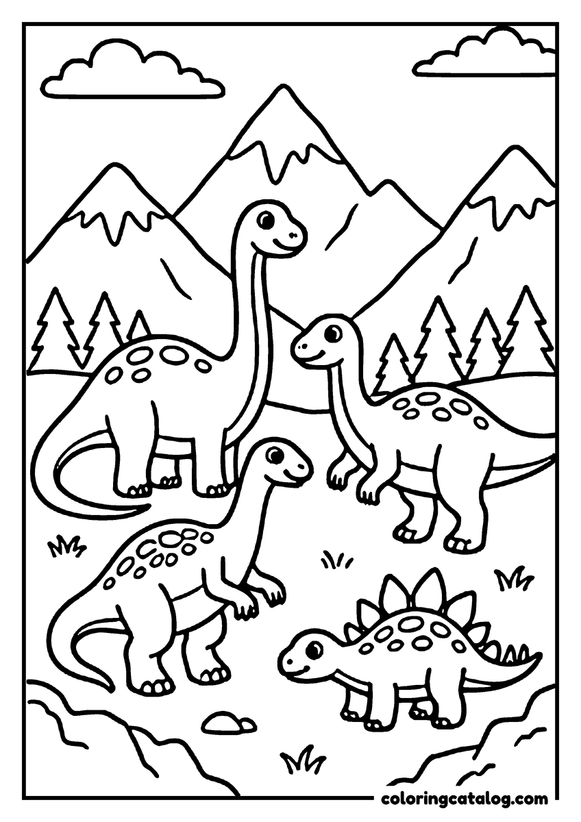 Printable coloring page: A group of dinosaurs stands in a mountainous landscape, with trees and clouds in the background