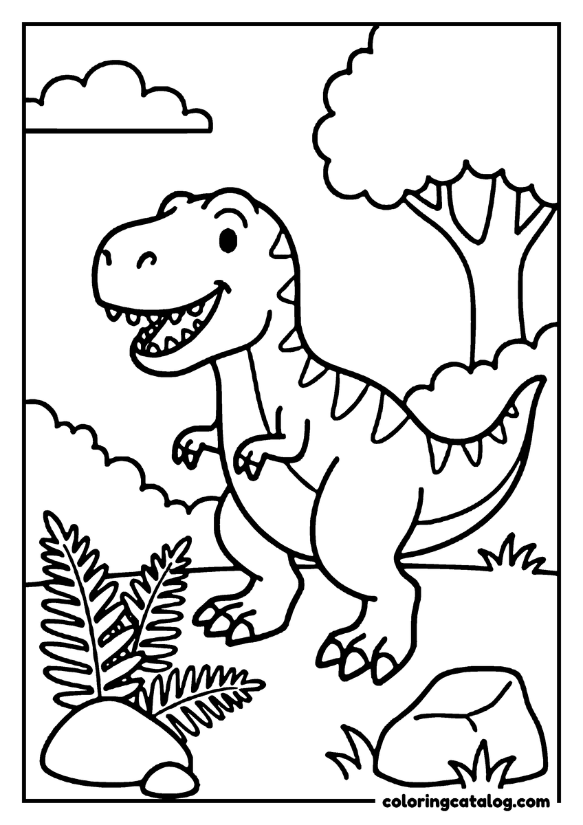 Coloring page: A happy dinosaur stands in a prehistoric forest, surrounded by ferns, rocks, and a tree