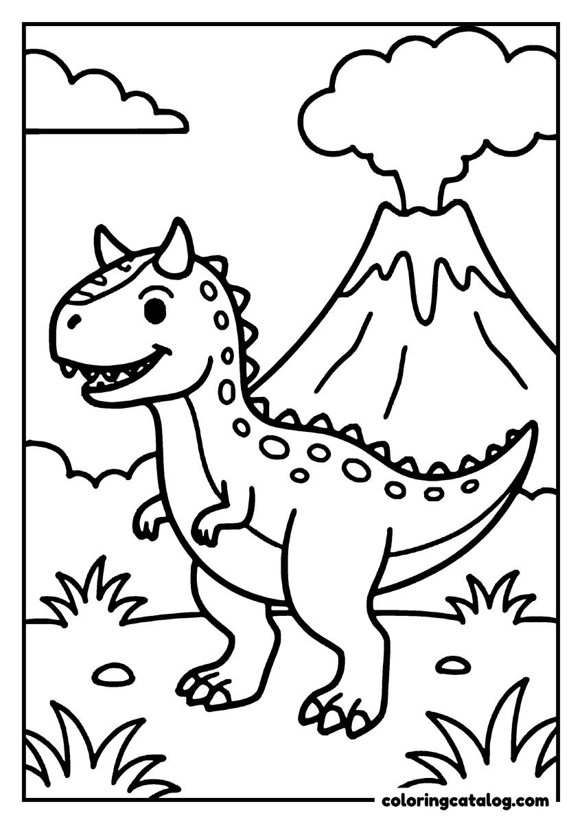 Free printable coloring sheet: A happy dinosaur stands near a erupting volcano, surrounded by grass and clouds