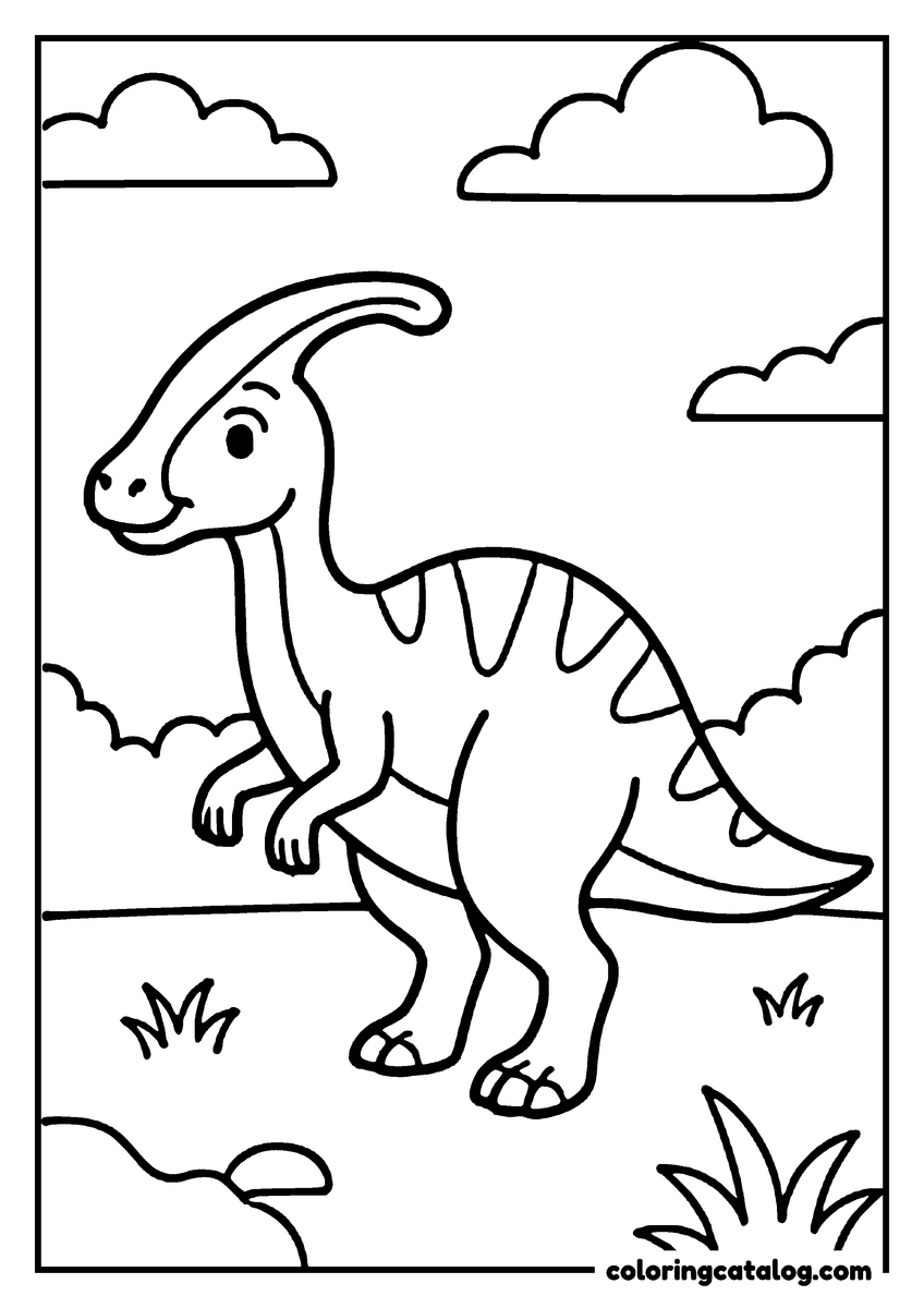 Printable coloring page: A Parasaurolophus dinosaur is standing on two legs, smiling, with a long neck and a crest on its head, in a grassy field with clouds in the sky