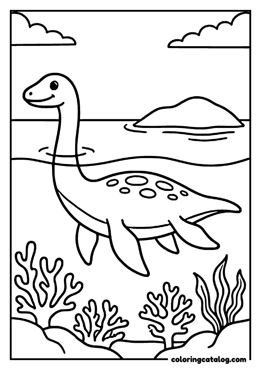 Free Dinosaur coloring sheet: A plesiosaur swimming in the water with a small island in the background