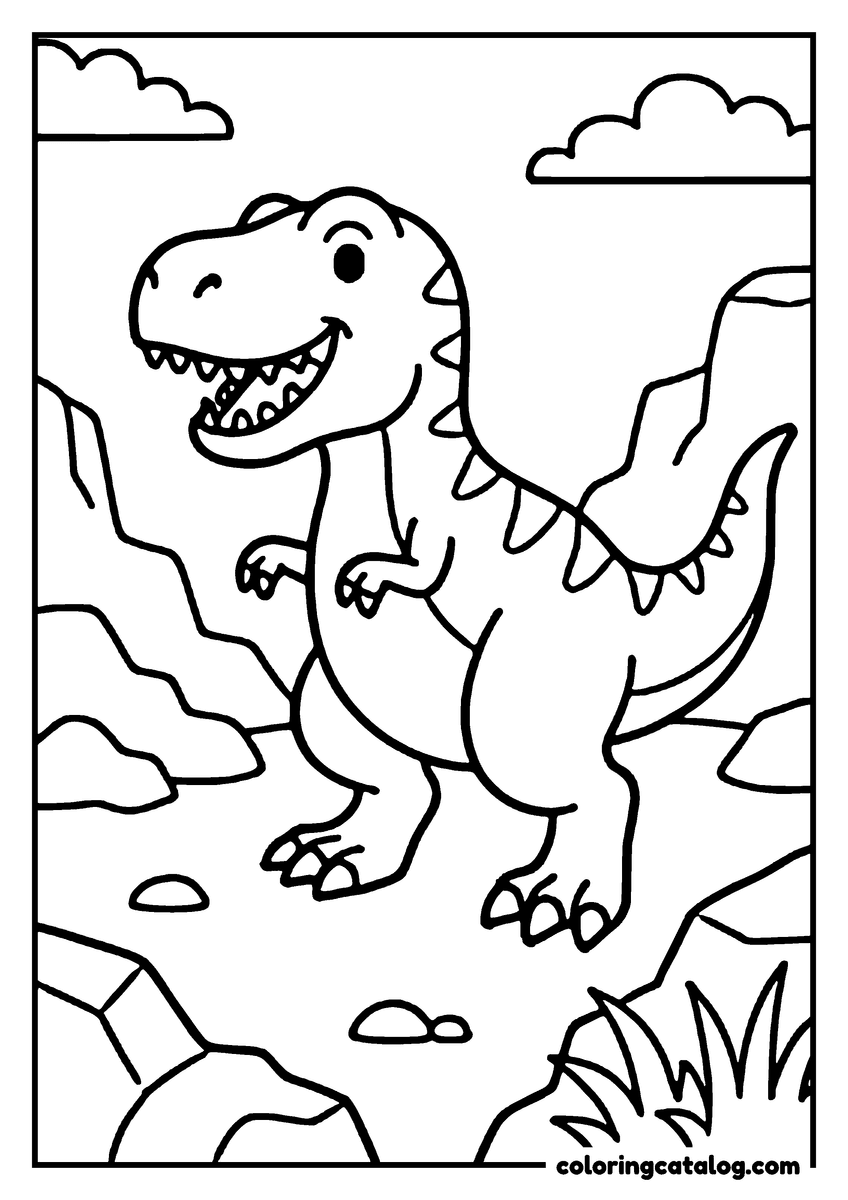 Printable coloring page: A smiling dinosaur stands proudly on rocky terrain, surrounded by small rocks and sparse grass
