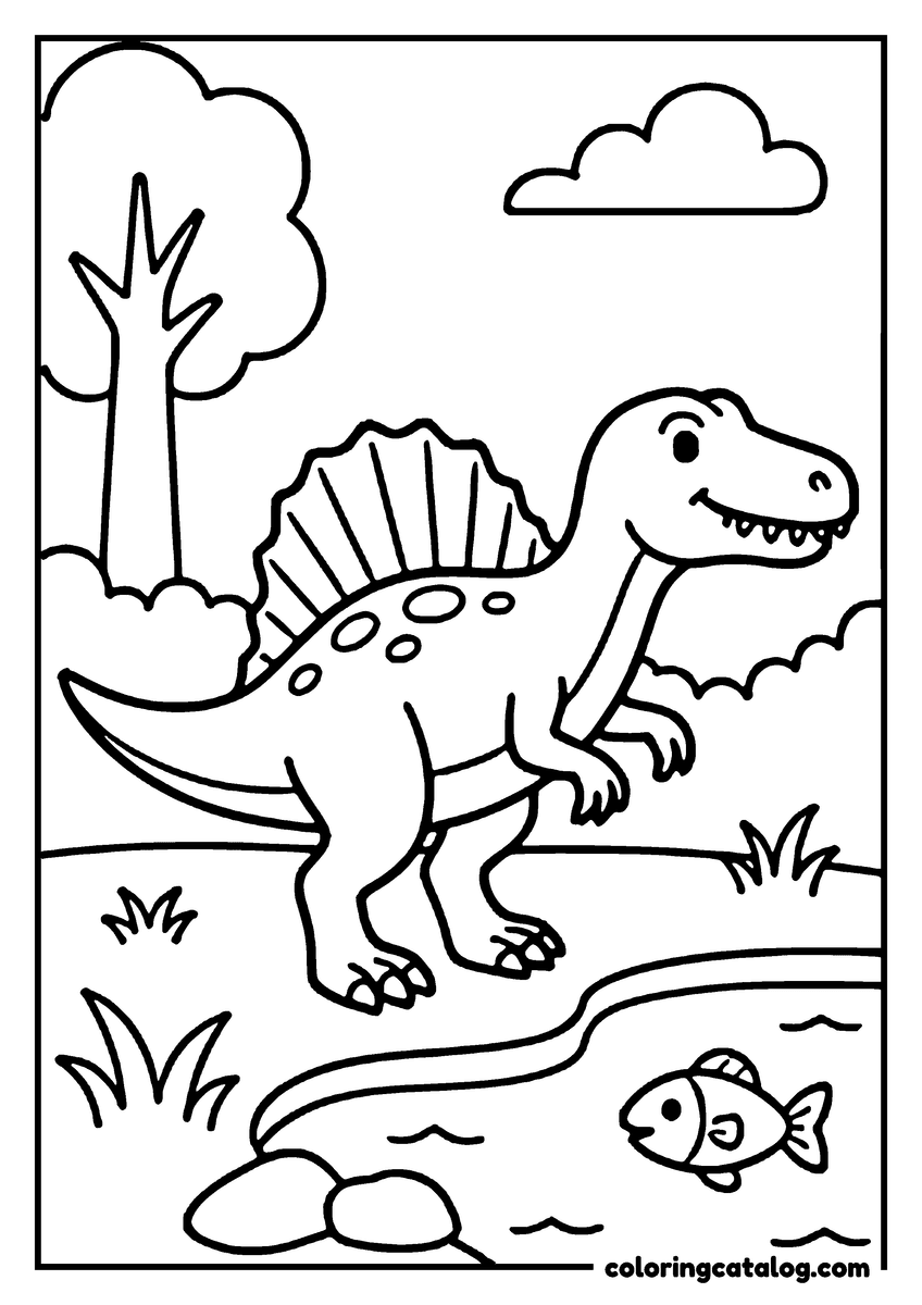Printable coloring page: A Spinosaurus dinosaur is walking near a river, with a tree and a cloud in the background