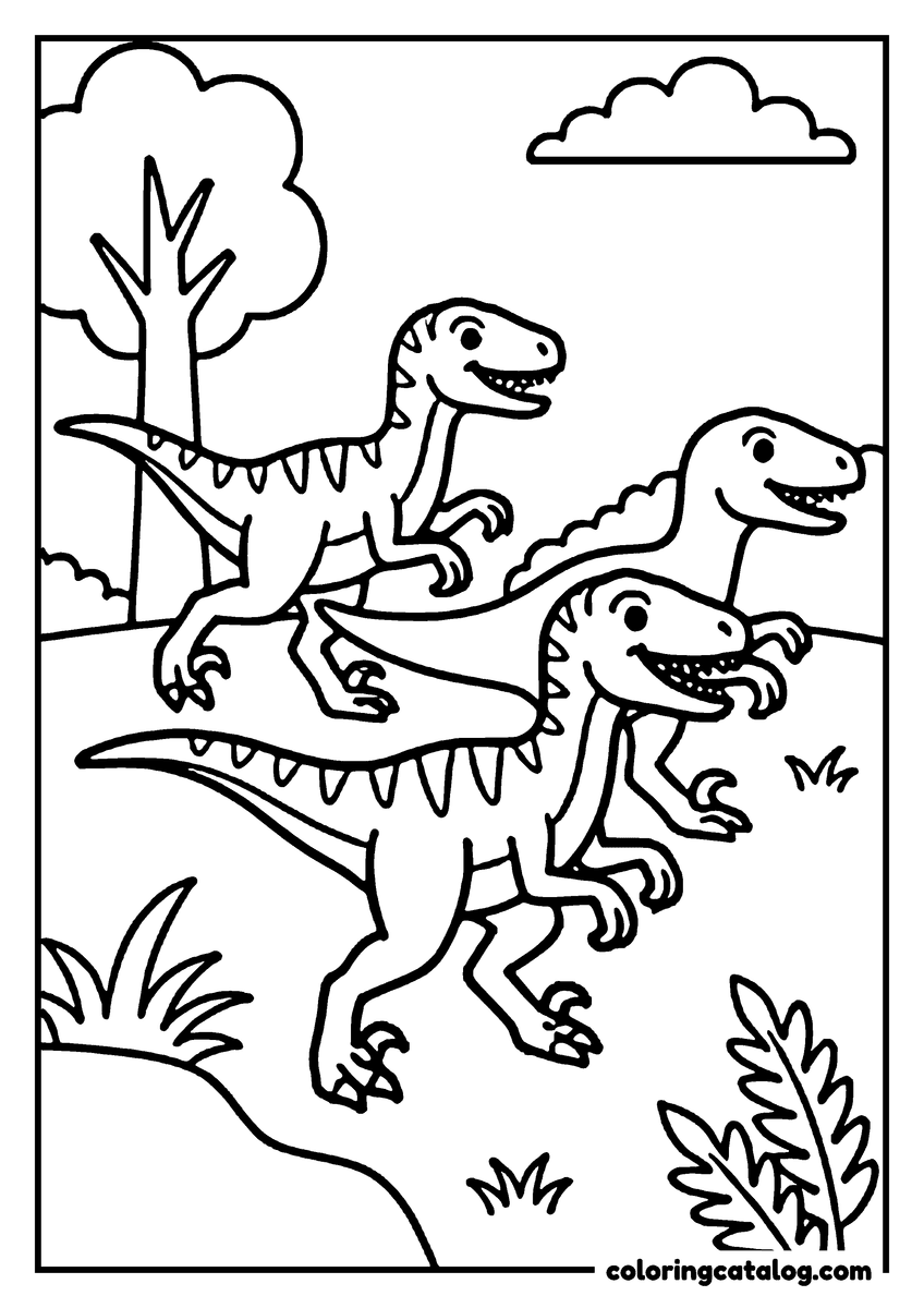 Printable coloring page: Three dinosaurs are running in a forest with trees, leaves, and a cloud in the sky