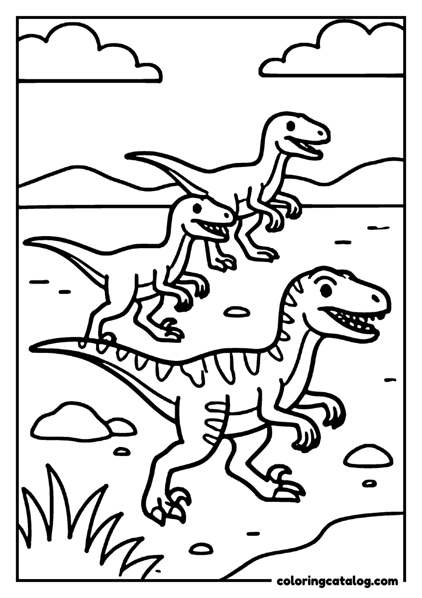 Free printable coloring sheet: Three dinosaurs are running in a grassy field with mountains and clouds in the background