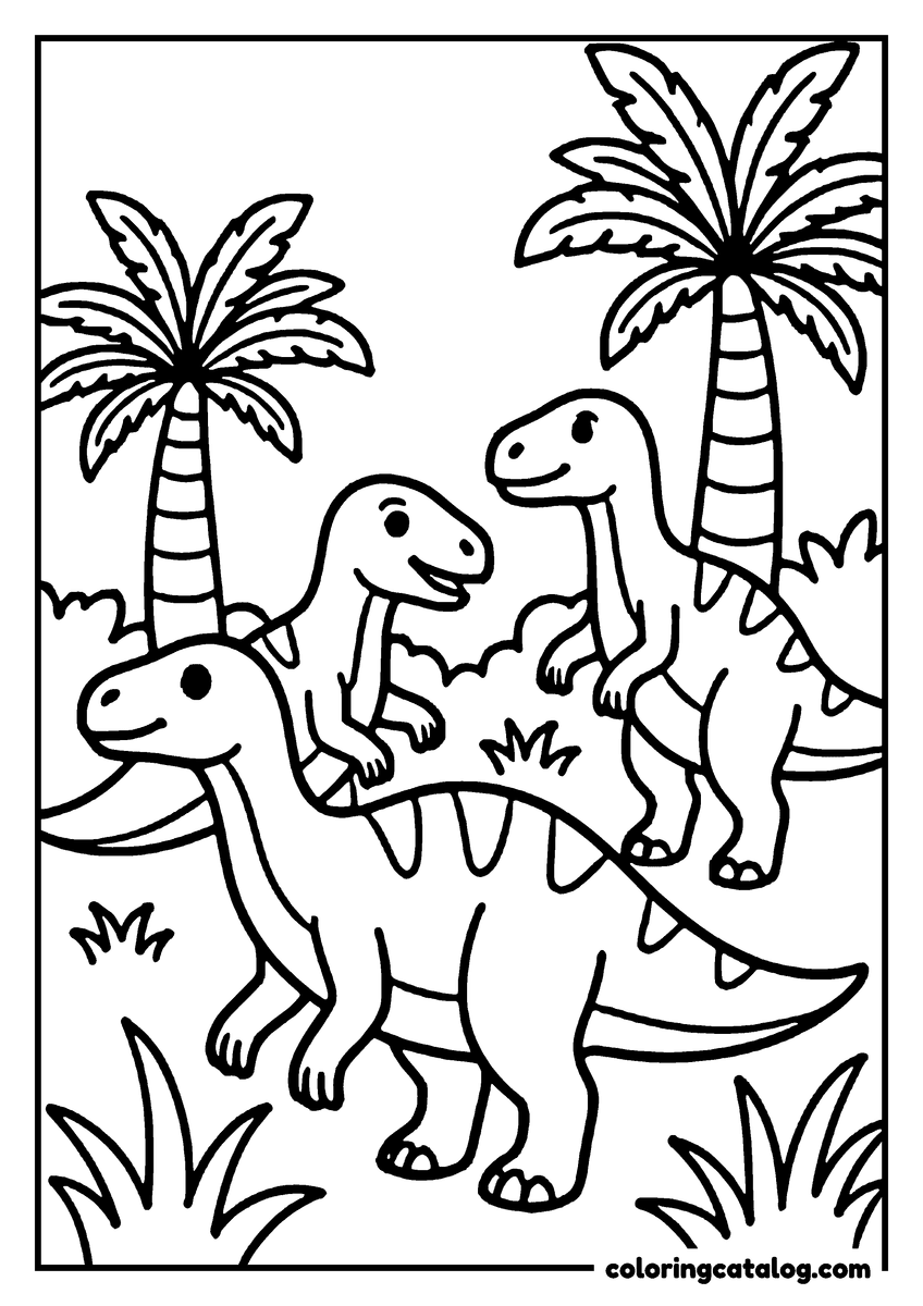 Printable coloring page: Three dinosaurs in a jungle setting, with palm trees and grass