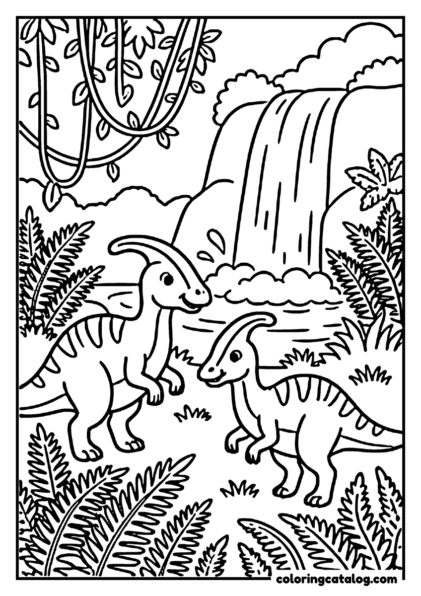 Free printable coloring sheet: Two dinosaurs, a Parasaurolophus and a Diplodocus, are walking through a lush jungle with a waterfall in the background