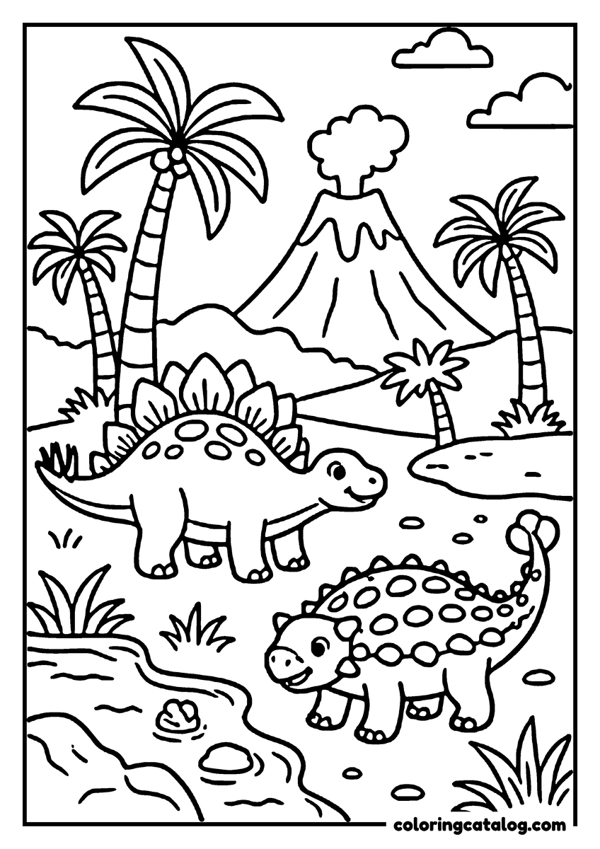 Printable coloring page: Two dinosaurs, a Stegosaurus and a Diplodocus, walk near a river with a volcano in the background